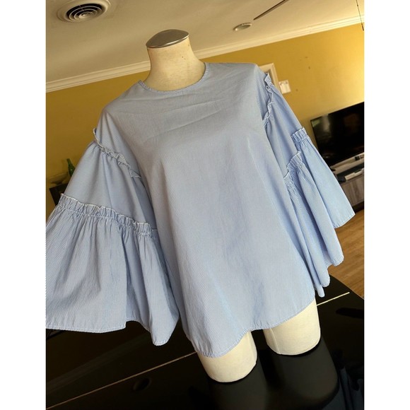 dRA Los Angeles Blue & White Striped Statement Ruffle Bell Sleeve Blouse Anthro - Picture 8 of 12